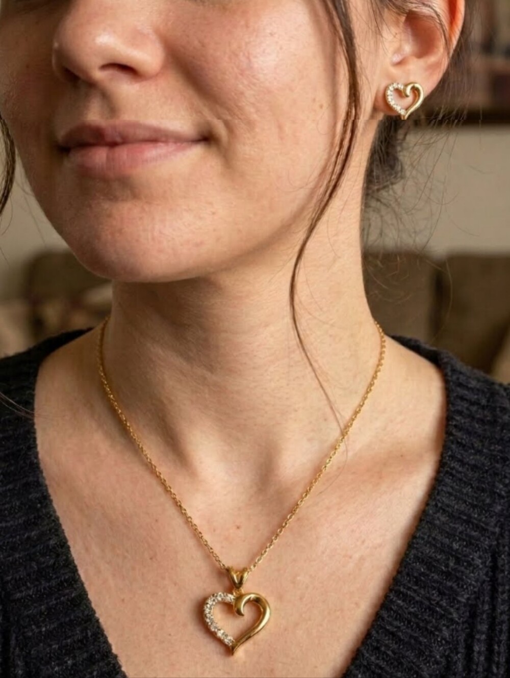 Gold Heart Pendant Necklace And Earring CZ Set 3pc Vintage Gold Plated